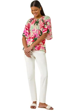 Roman Pink Printed Raglan Sleeve Stretch Top