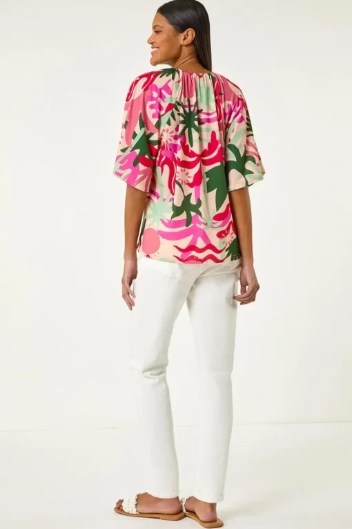 Roman Pink Printed Raglan Sleeve Stretch Top