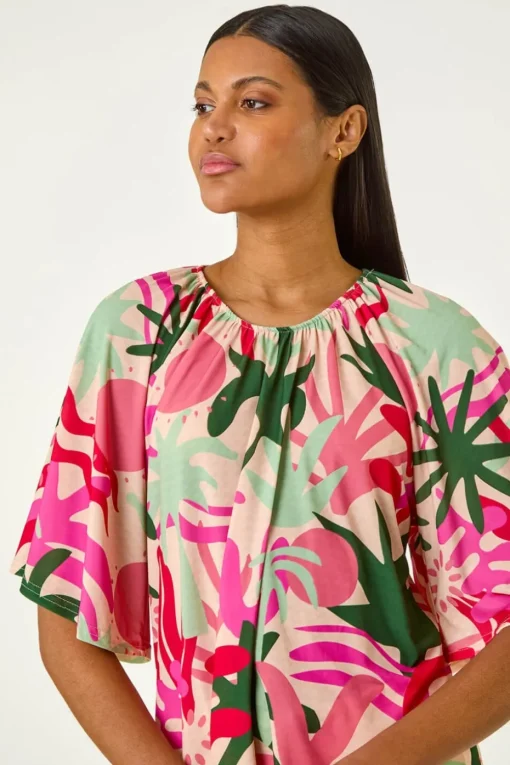 Roman Pink Printed Raglan Sleeve Stretch Top