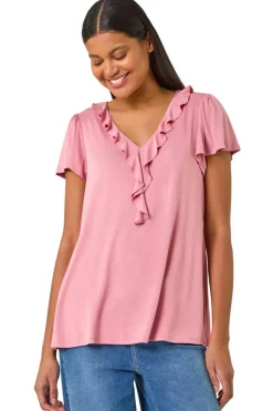 Roman Pink Ruffle Front Stretch Top