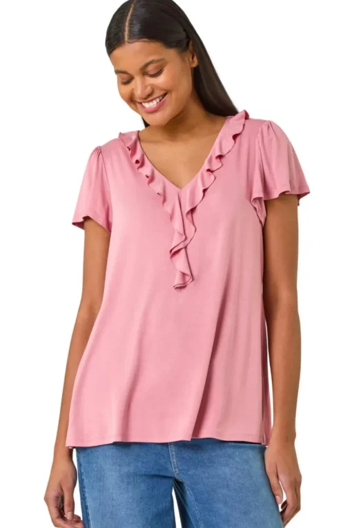 Roman Pink Ruffle Front Stretch Top