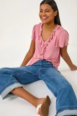 Roman Pink Ruffle Front Stretch Top
