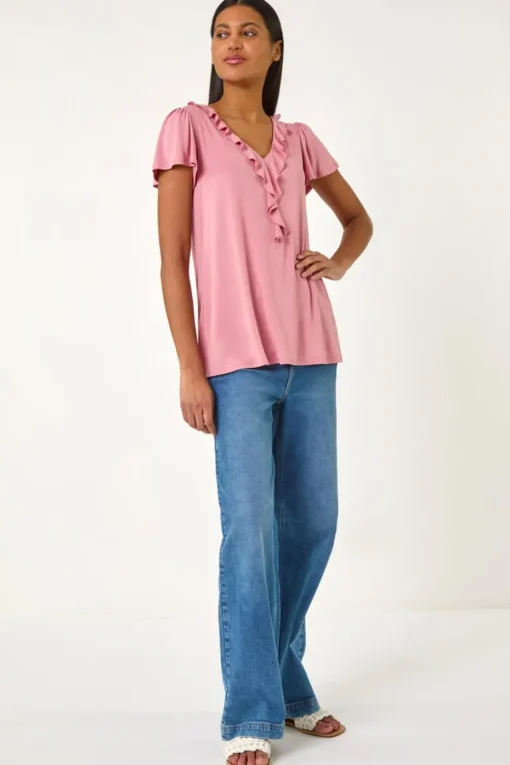 Roman Pink Ruffle Front Stretch Top