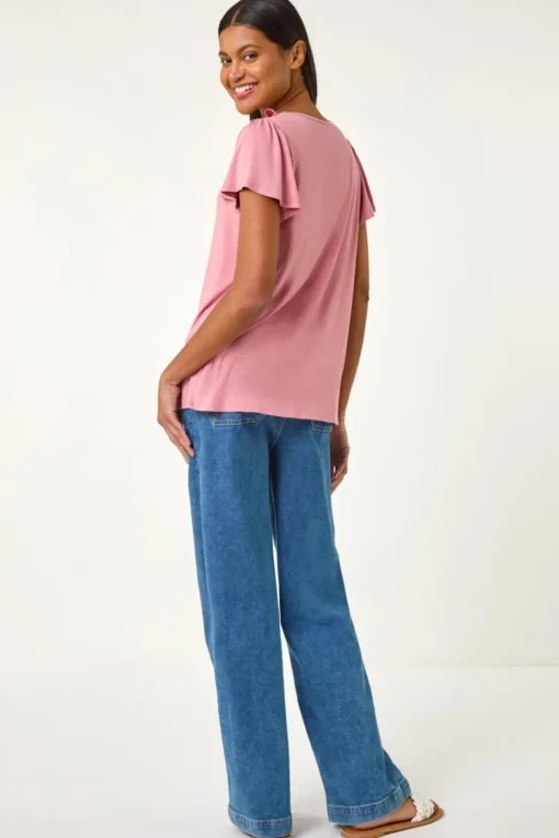 Roman Pink Ruffle Front Stretch Top