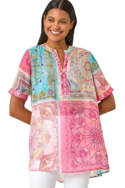 Roman Pink Scarf Print Hotfix Buttoned Top