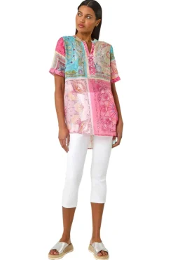 Roman Pink Scarf Print Hotfix Buttoned Top