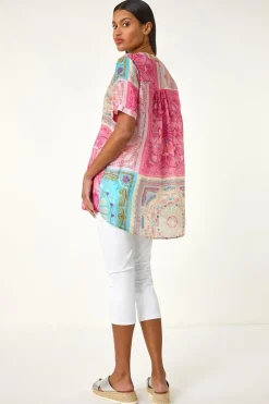 Roman Pink Scarf Print Hotfix Buttoned Top