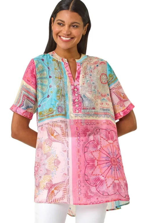 Roman Pink Scarf Print Hotfix Buttoned Top