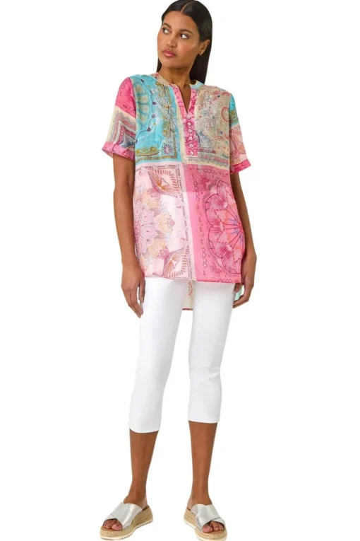 Roman Pink Scarf Print Hotfix Buttoned Top