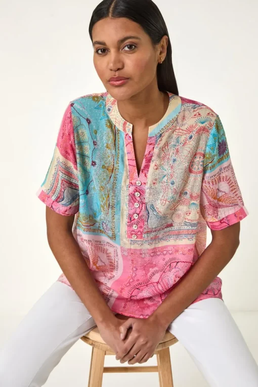 Roman Pink Scarf Print Hotfix Buttoned Top