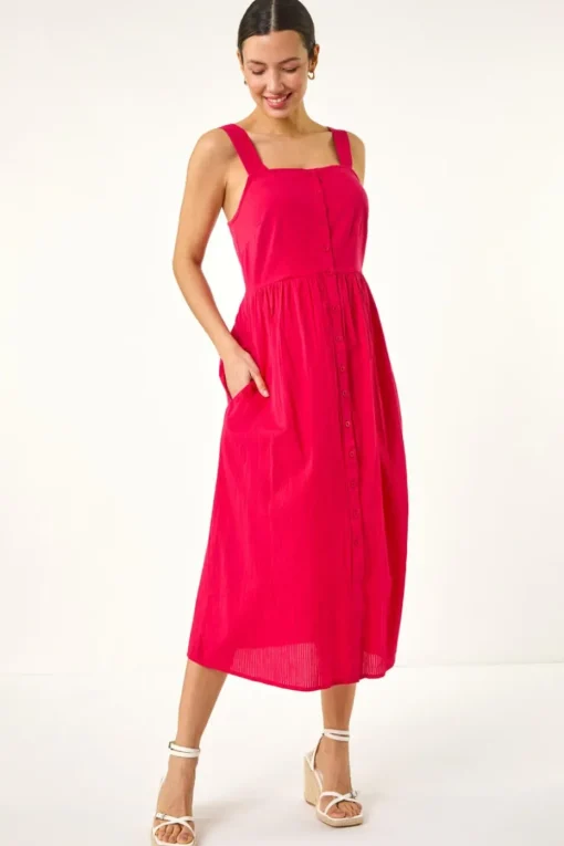 Roman Pink Seersucker Button Midi Sundress