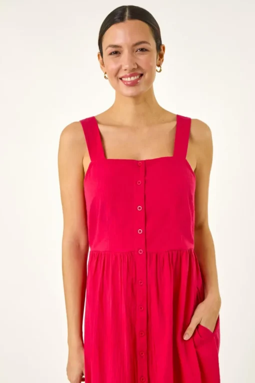 Roman Pink Seersucker Button Midi Sundress