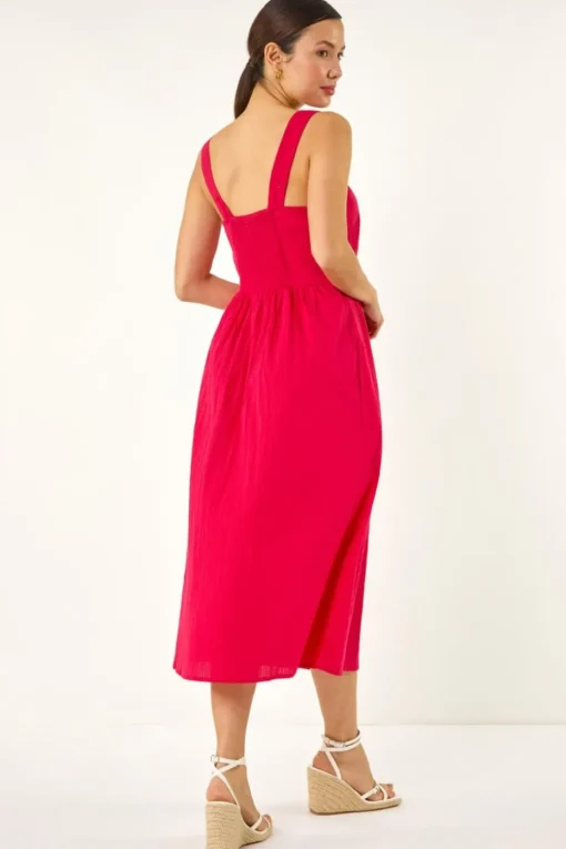 Roman Pink Seersucker Button Midi Sundress