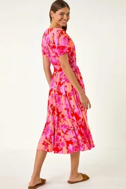 Roman Pink Shadow Floral Print Shirred Midi Dress