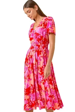 Roman Pink Shadow Floral Print Shirred Midi Dress