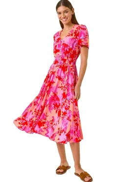 Roman Pink Shadow Floral Print Shirred Midi Dress