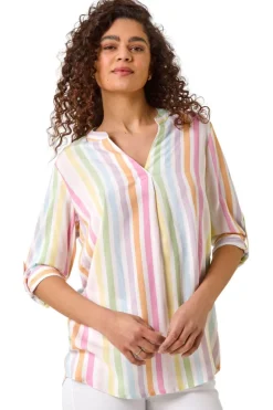 Roman Pink Stripe Print Pleat Detail Tunic Top