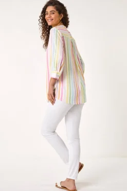 Roman Pink Stripe Print Pleat Detail Tunic Top