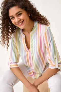 Roman Pink Stripe Print Pleat Detail Tunic Top