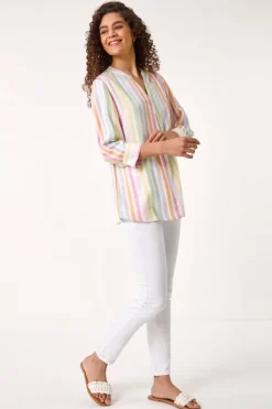 Roman Pink Stripe Print Pleat Detail Tunic Top