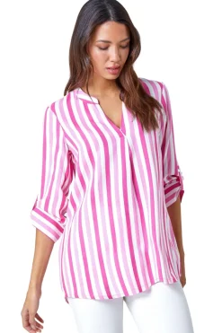 Roman Pink Stripe Print Pleat Detail Top