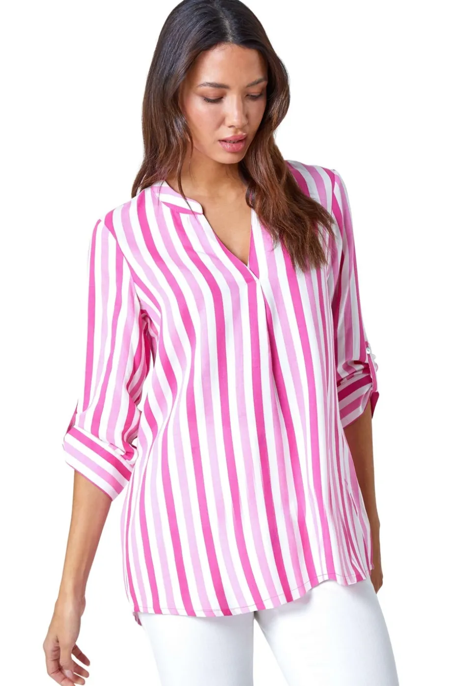 Roman Pink Stripe Print Pleat Detail Top
