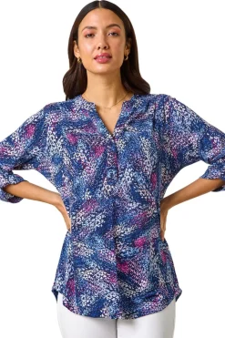 Roman Pink Textured Abstract Print V-Neck Stretch Top