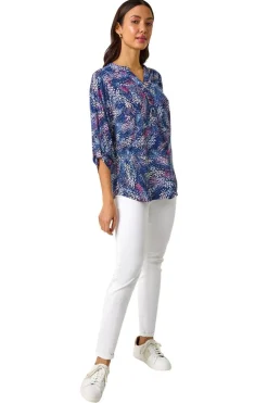 Roman Pink Textured Abstract Print V-Neck Stretch Top