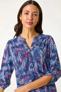 Roman Pink Textured Abstract Print V-Neck Stretch Top
