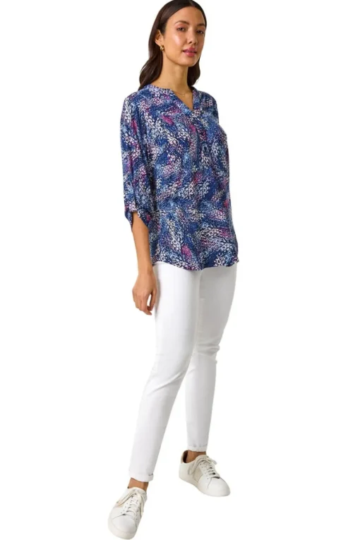 Roman Pink Textured Abstract Print V-Neck Stretch Top