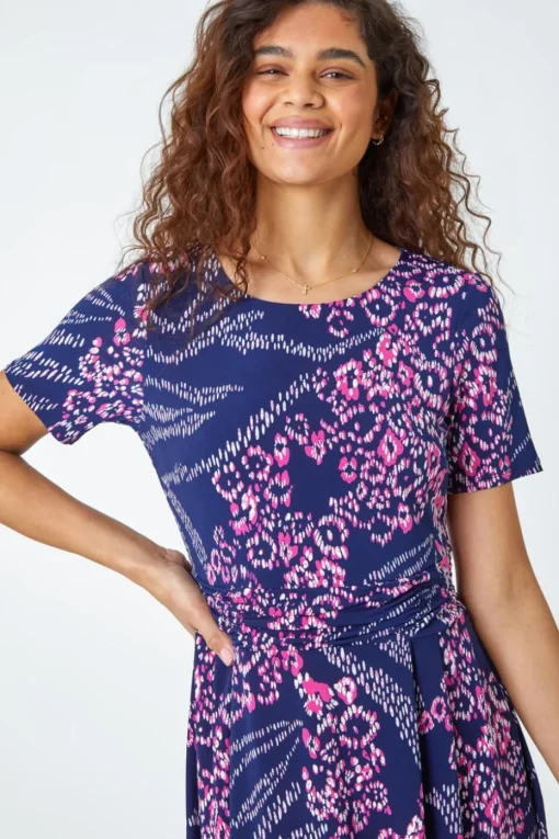 Roman Pink Textured Animal Print Stretch Dress