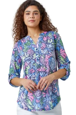 Roman Pink  Textured Floral Print Stretch Tunic Shirt