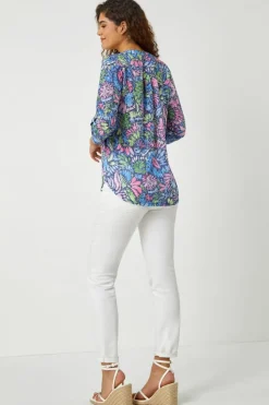 Roman Pink Textured Floral Print Stretch Tunic Shirt