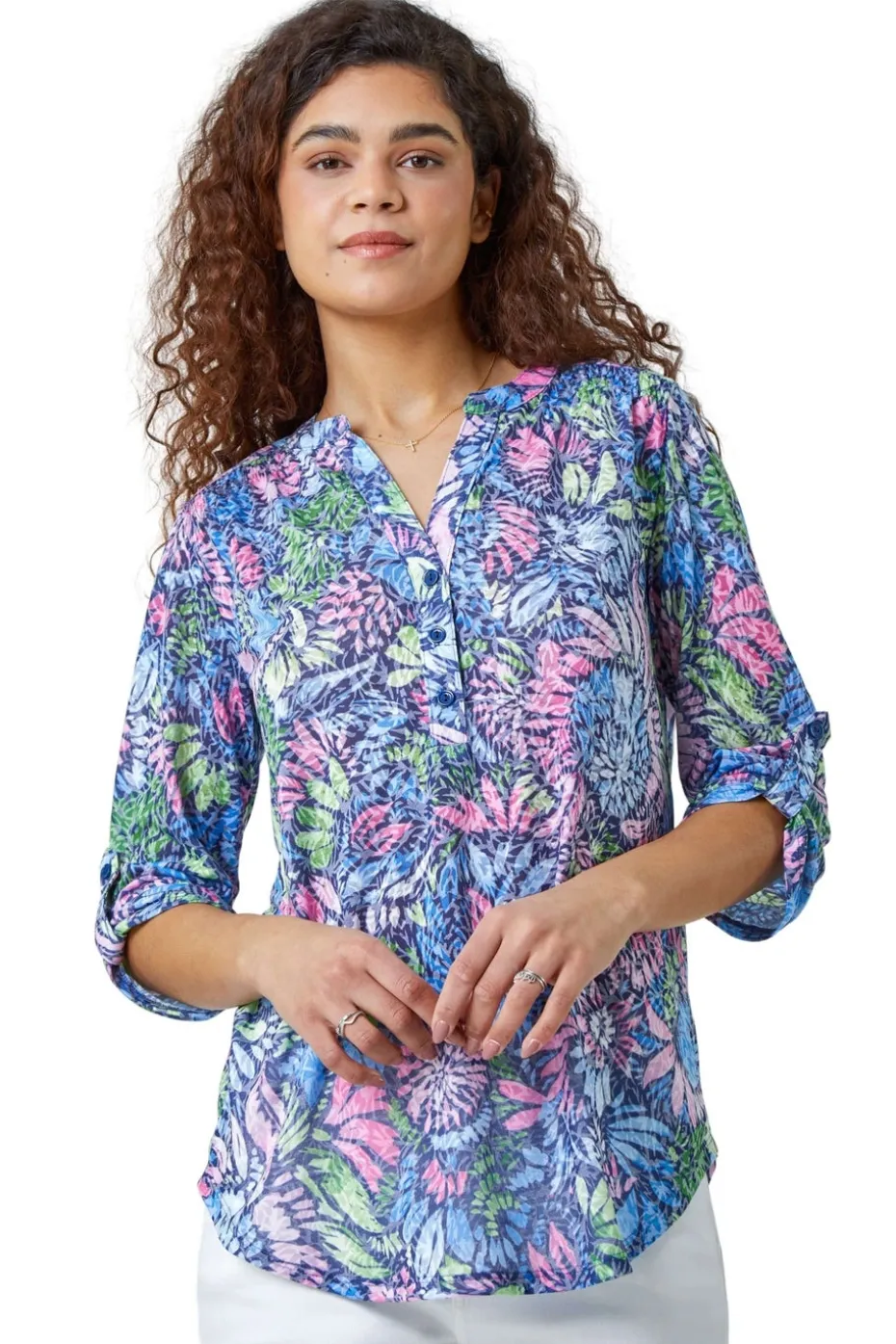 Roman Pink Textured Floral Print Stretch Tunic Shirt
