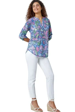 Roman Pink Textured Floral Print Stretch Tunic Shirt