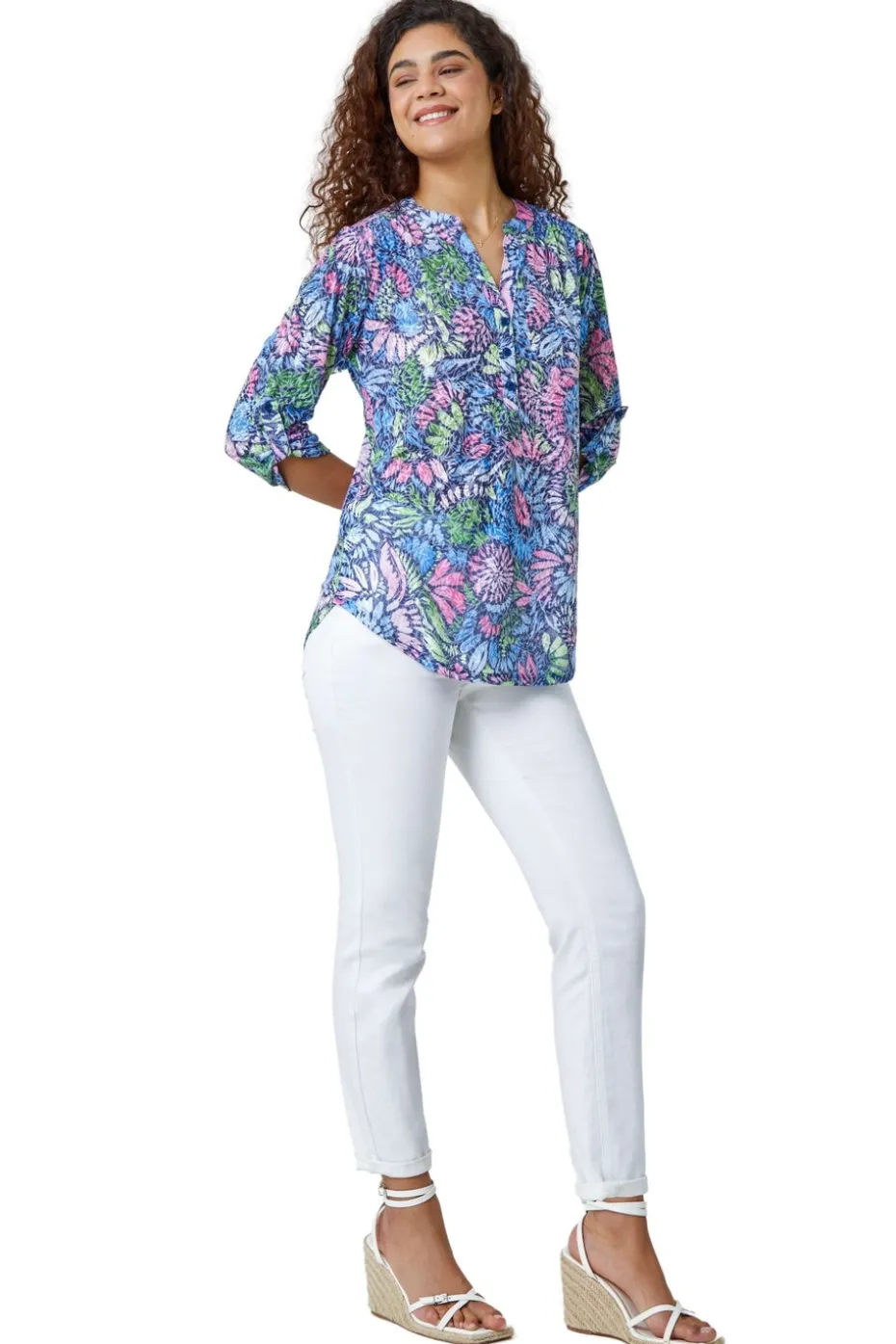 Roman Pink Textured Floral Print Stretch Tunic Shirt