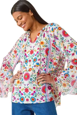 Roman Pink Tie Front Floral Print Top