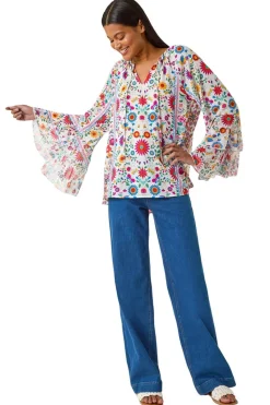 Roman Pink Tie Front Floral Print Top