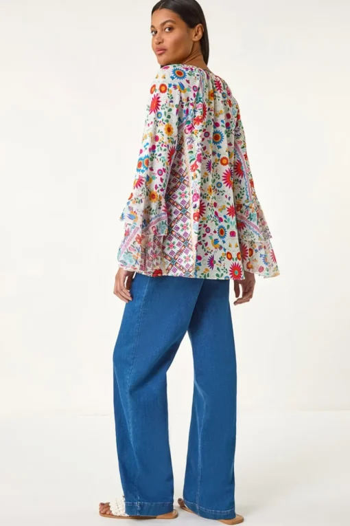 Roman Pink Tie Front Floral Print Top