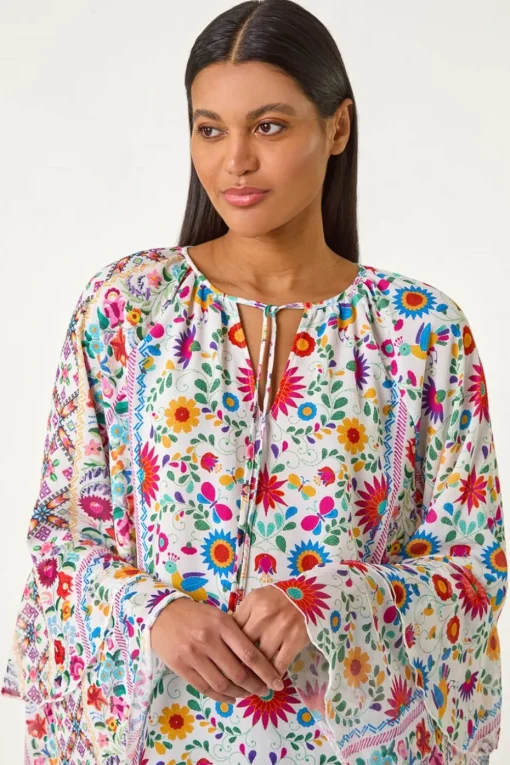 Roman Pink Tie Front Floral Print Top