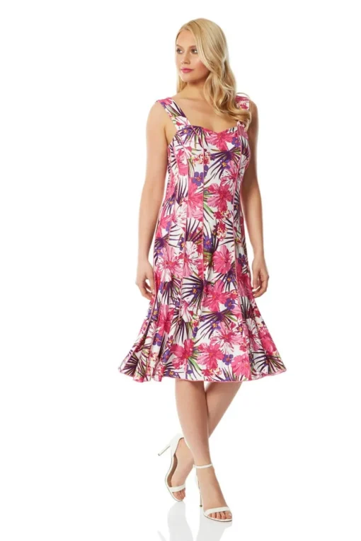Roman Pink Tropical Floral Panel Stretch Skater Dress