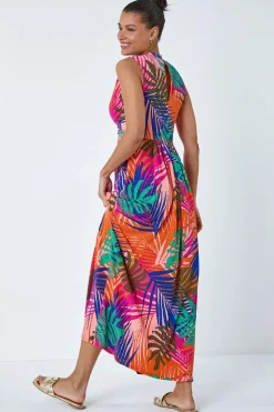 Roman Pink Tropical Gathered Stretch Wrap Maxi Dress