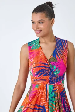 Roman Pink Tropical Gathered Stretch Wrap Maxi Dress