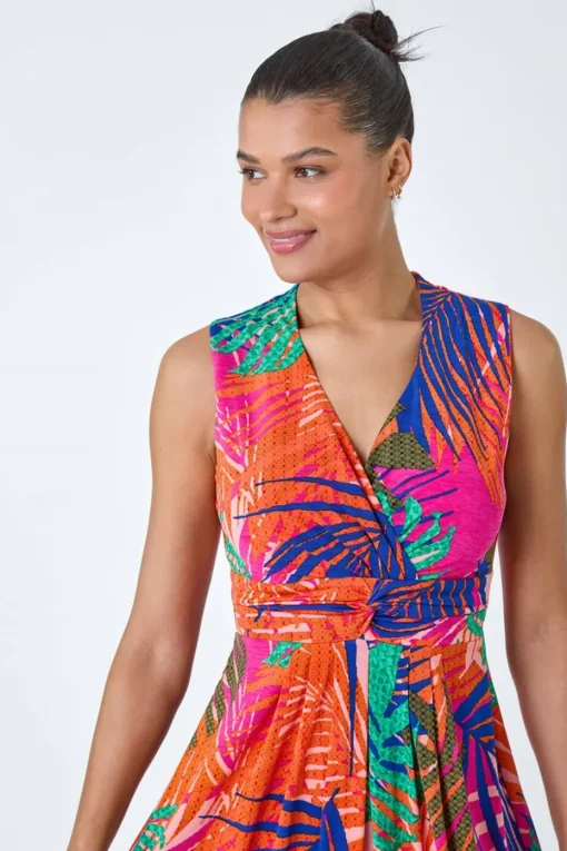 Roman Pink Tropical Gathered Stretch Wrap Maxi Dress