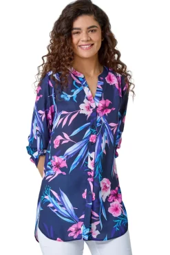Roman Pink Tropical Print Longline Blouse
