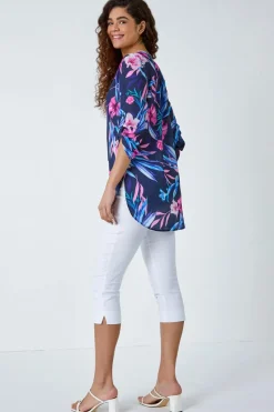 Roman Pink Tropical Print Longline Blouse