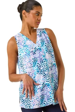 Roman Purple Abstract Print V Neck Pleat Top