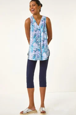 Roman Purple Abstract Print V Neck Pleat Top