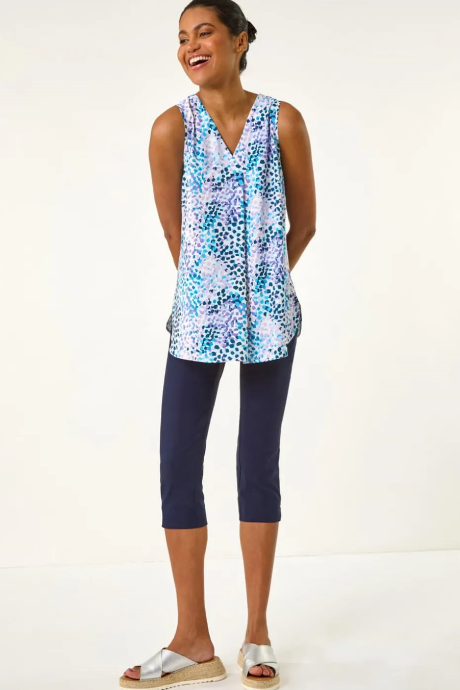 Roman Purple Abstract Print V Neck Pleat Top