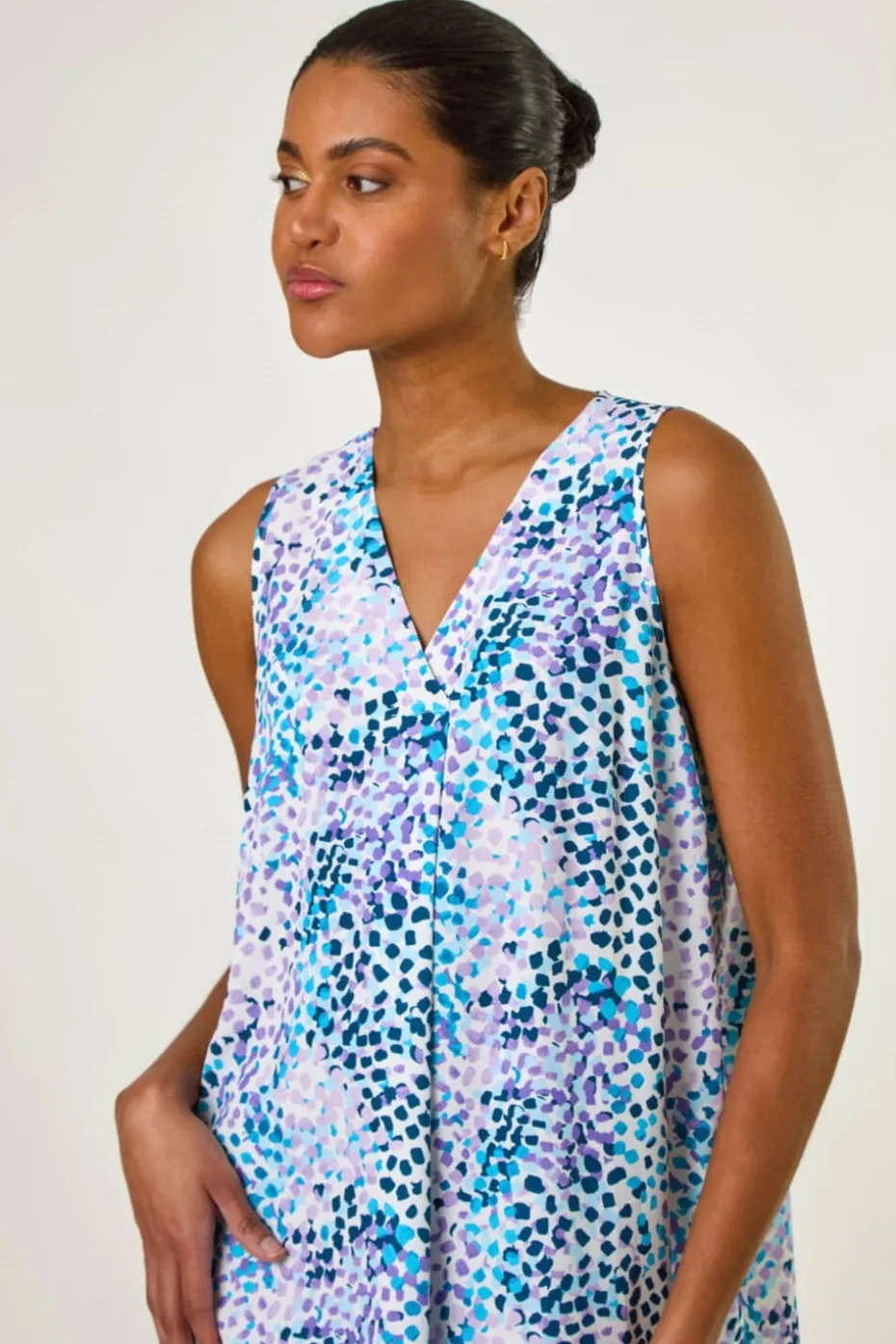 Roman Purple Abstract Print V Neck Pleat Top